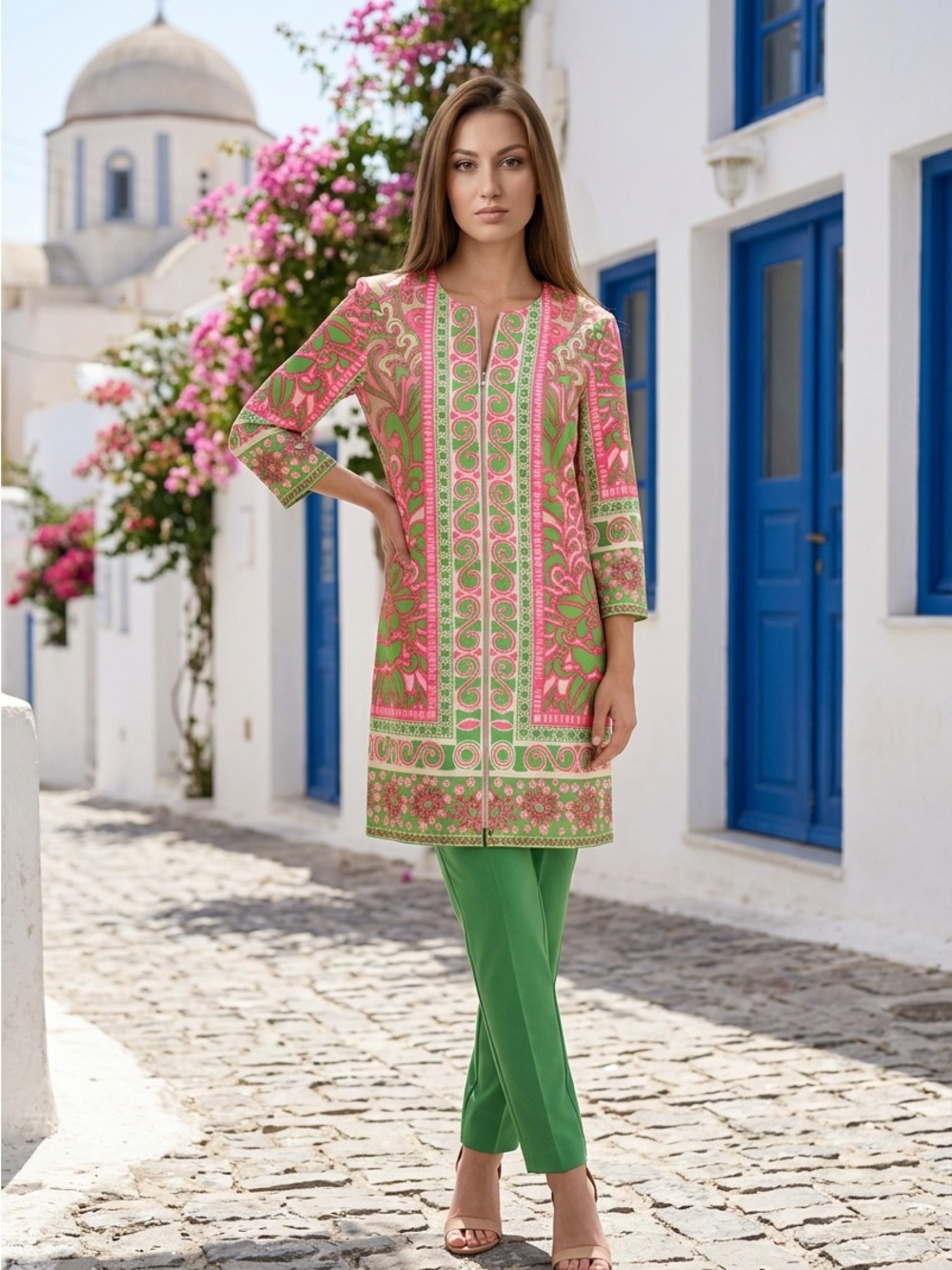 Trina Turk Pink & Green Printed Straight Tunic